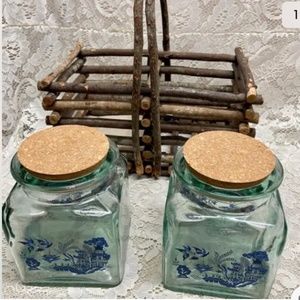 Vintage 3-pc Blue Willow Glass Canister Set w/ Drift Wood Rack 13inx12inx7in